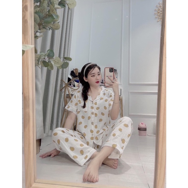 BỘ PIJAMA CHẤT XÔ MUSLIN HÀNG ÁO CỘC QUẦN DÀI - Bộ mặc nhà nữ