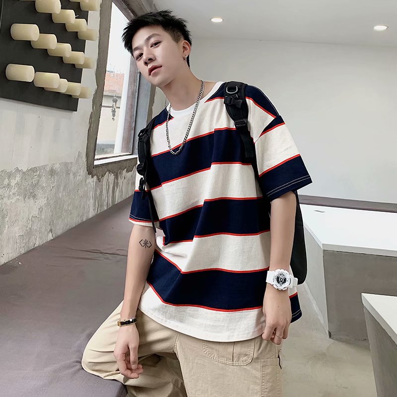 Áo thun tay ngắn họa tiết sọc ngang phong cách hiphop có 4 màu tùy chọn size M-8XL