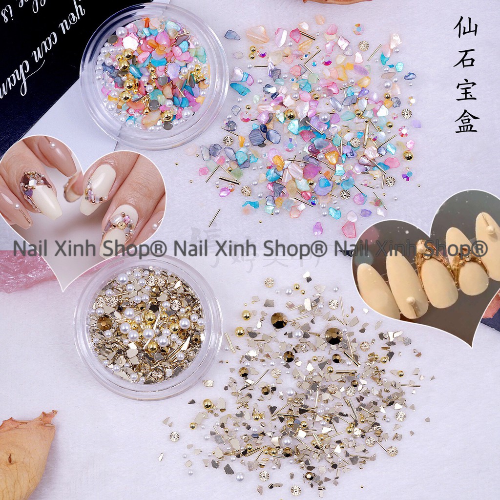 Hủ mix đá nail,xà cừ hạt,charm... phong cách Nhật, phụ kiên nail cao cấp, phụ kiện nail hot