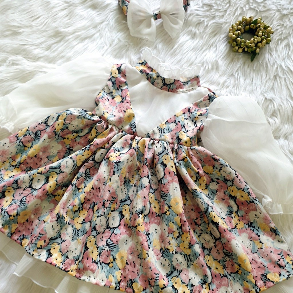 Đầm bé gái 𝑿𝑨̉ 𝑲𝑯𝑶 + TẶNG KÈM TURBAN Đầm công chúa lụa hoa - Hàng thiết kế, Chất liệu cao cấp và an toàn cho bé
