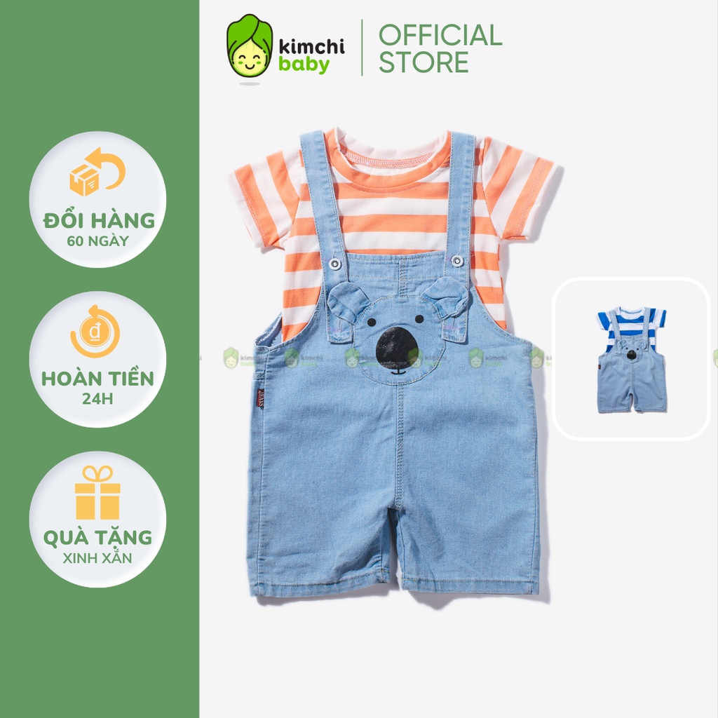 Set Yếm Jeans Bé Trai, Bé Gái Hoạ Tiết Áo Kẻ Ngang Tai Thú Heo Con, Bộ Đồ Cho Bé Mặc Đi Chơi CK32