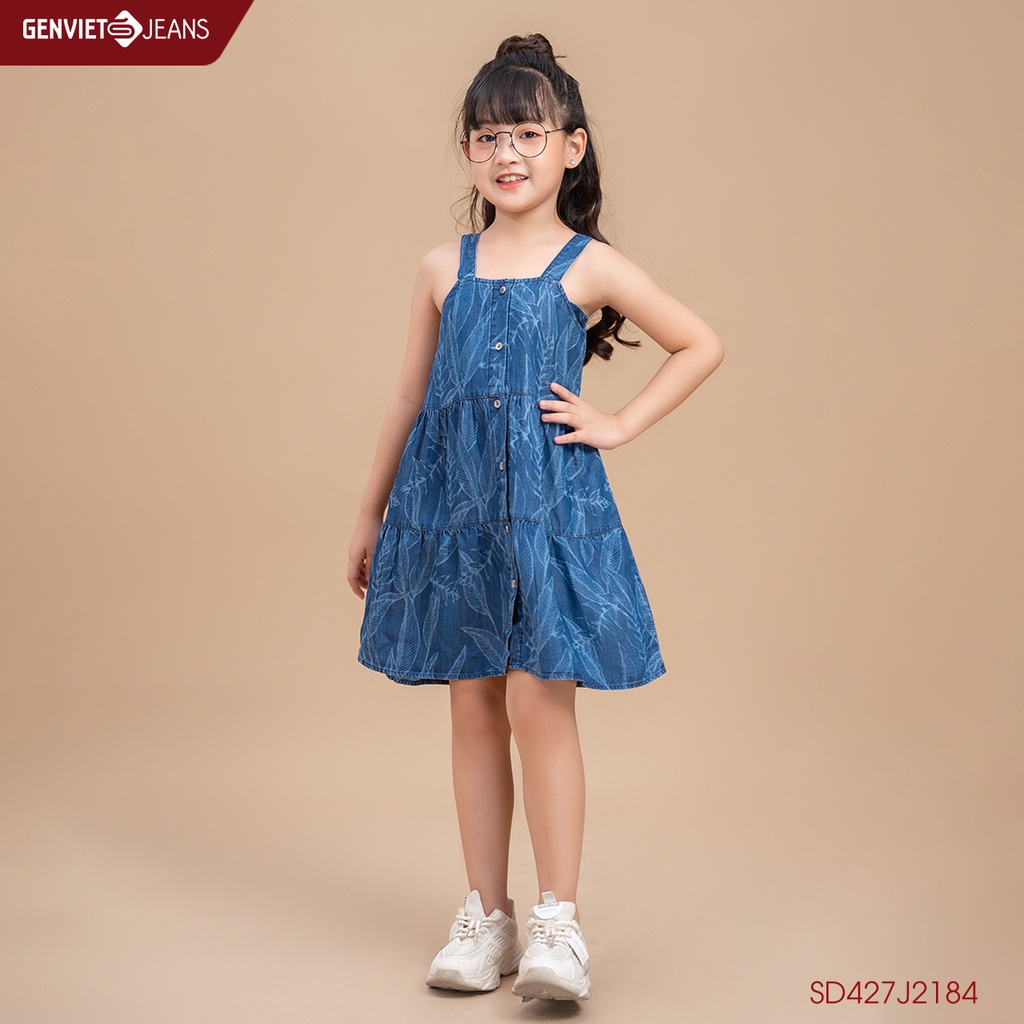 Đầm Kids Jeans Xòe Hai Dây Họa Tiết Hàng Cúc GENVIET KIDS SD427J2184