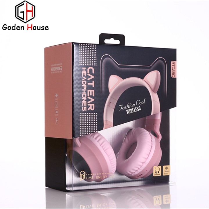 Tai nghe bluetooth tai mèo Goden House cao cấp, headphone tai mèo đáng yêu chống ồn âm thanh trầm ấm