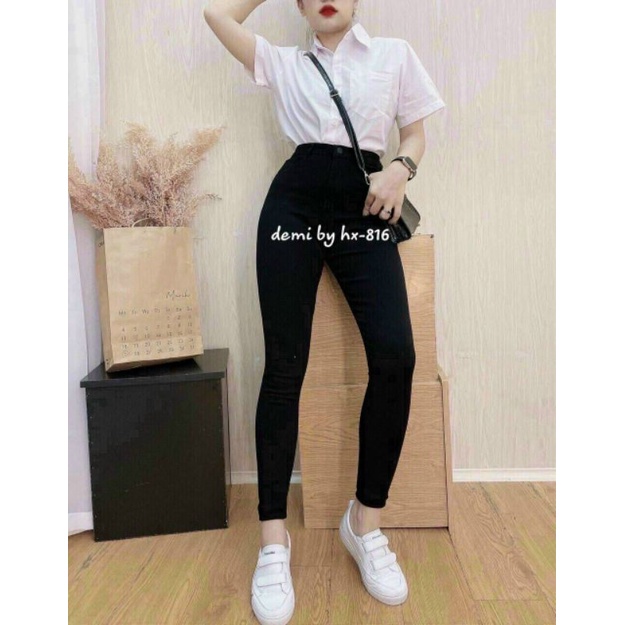 Quần skinny trơn lưng cao vải kaki thun có giãn