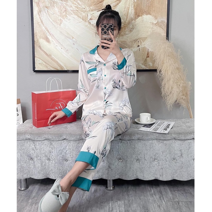 Bộ mặc nhà Pyjama lụa cao cấp Tea Store tay dài quần dài họa tiết hoa xanh | BigBuy360 - bigbuy360.vn