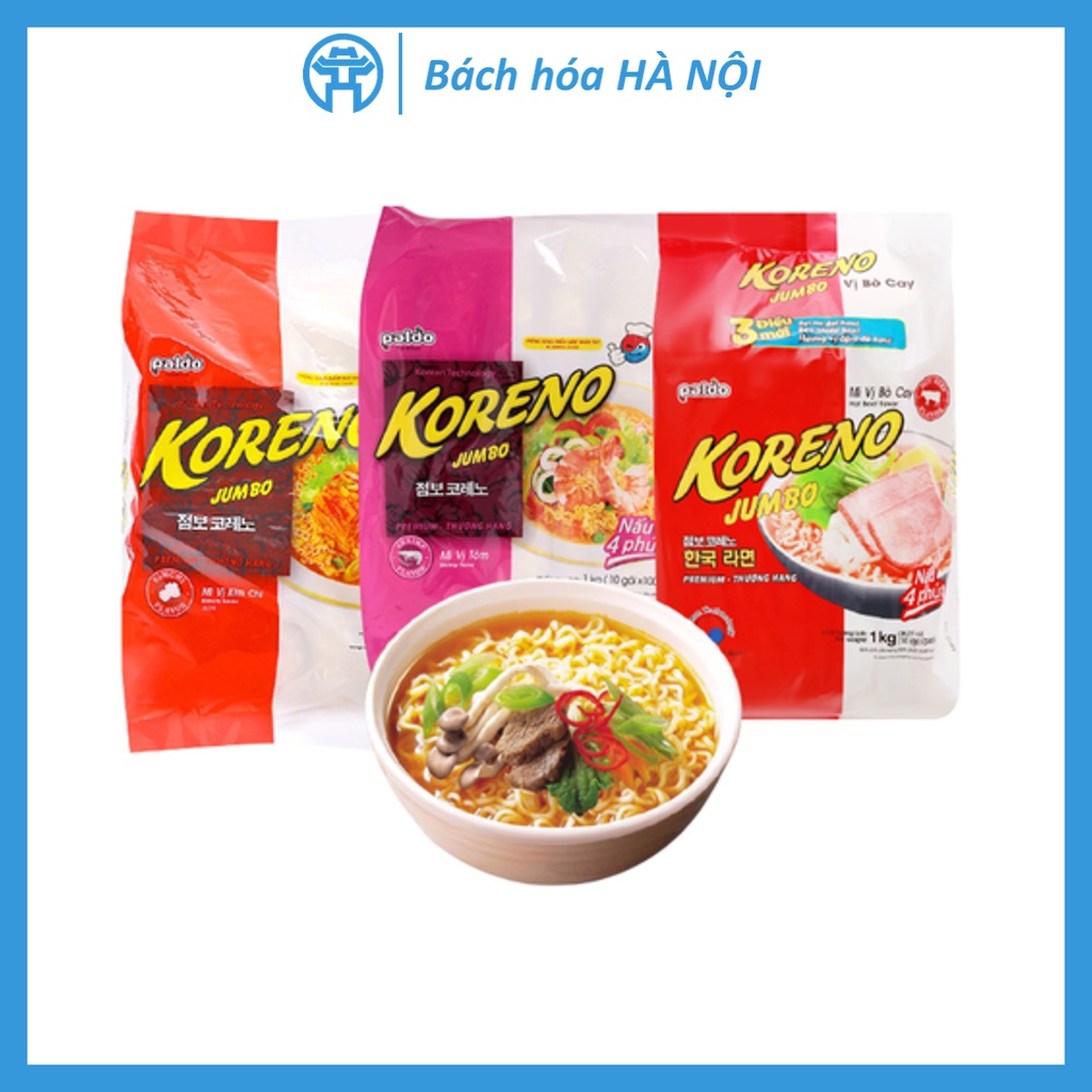 Túi 1kg Mì Ăn Liền/Nhúng Lẩu Koreno Jumbo Đủ Vị: Bò, Gà, Tôm, Kim Chi, Nấm - Nấu 4 Phút (Túi 10 Gói 100g) | BigBuy360 - bigbuy360.vn