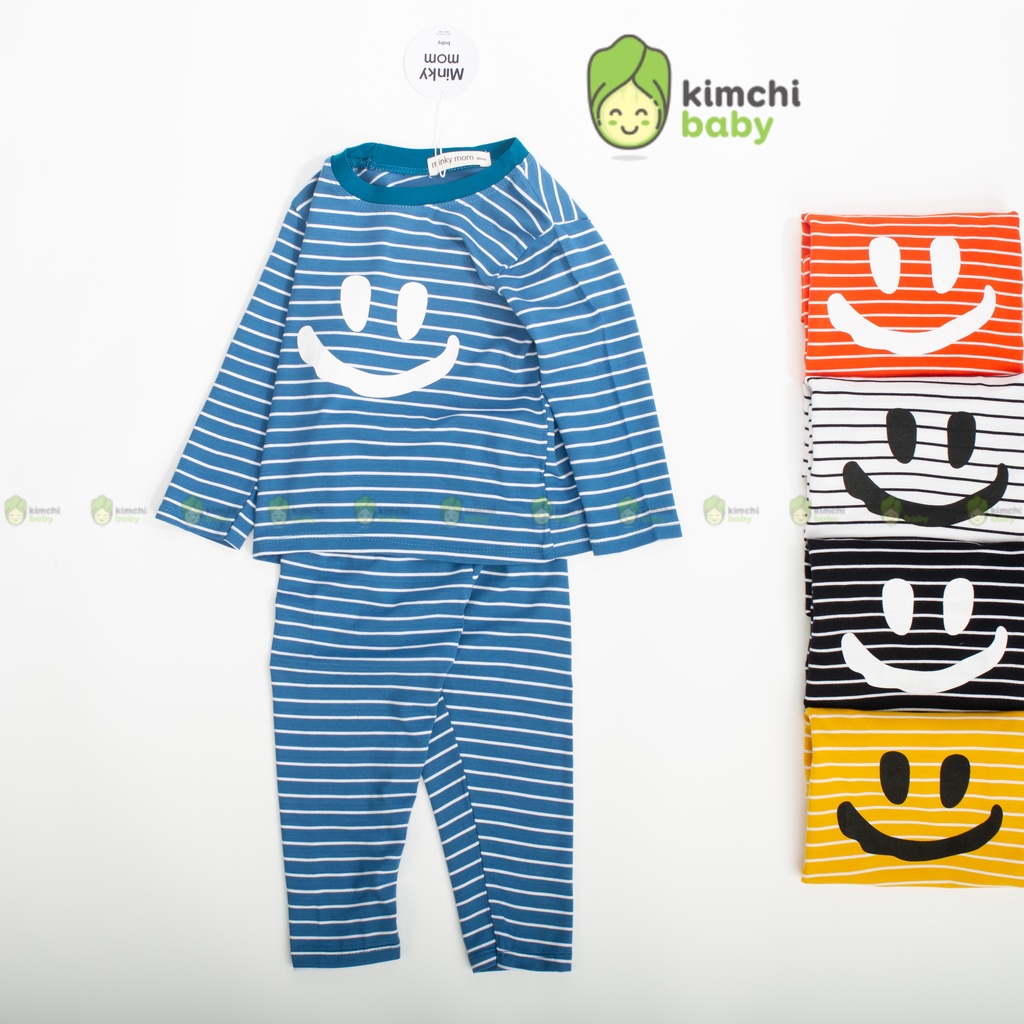 Đồ Bộ Bé Trai, Bé Gái Minky Mom Vải Cotton Sọc Ngang Mặt Cười, Bộ Dài Tay Cho Bé Mặc Nhà Thu Đông MKMTD2173