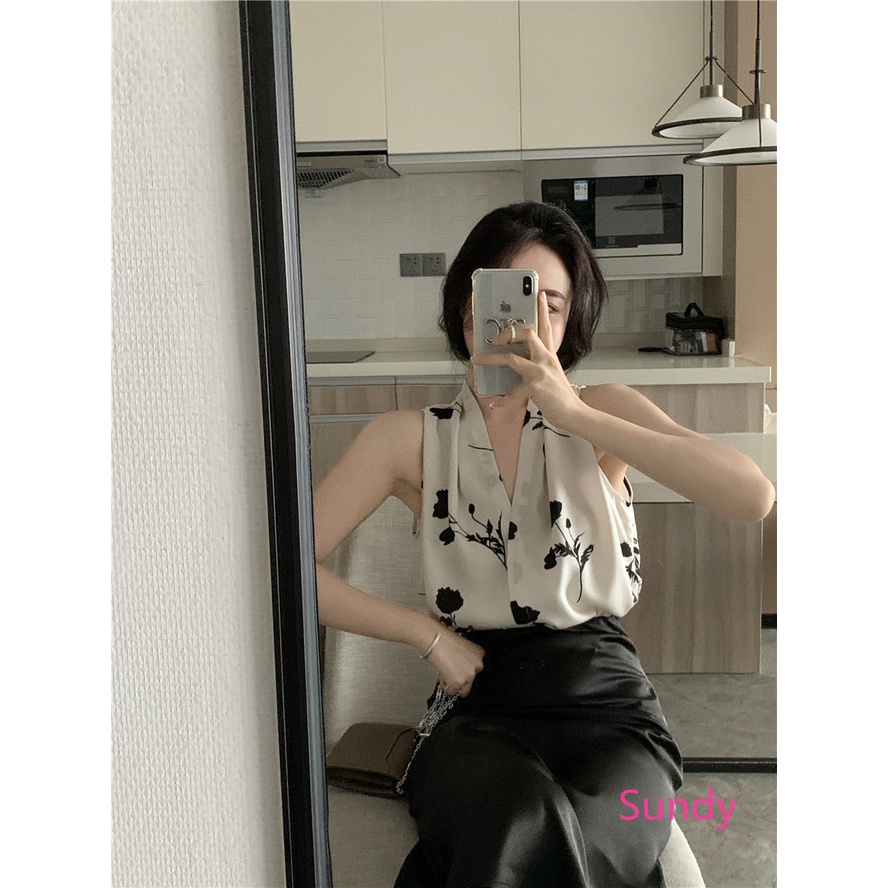 Áo không tay dáng rộng cổ chữ v hở vai in họa tiết thời trang mùa hè thích hợp cho nữ