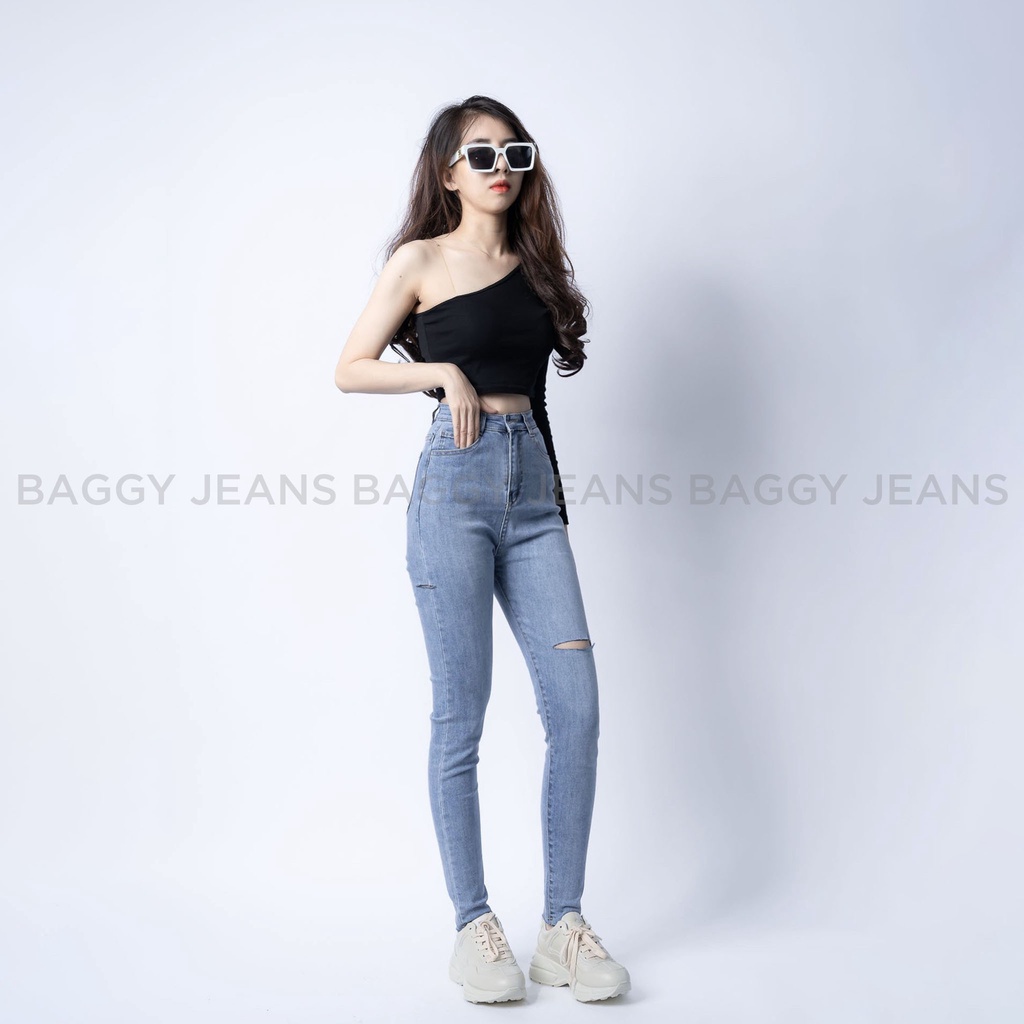 Quần Jean Cạp Cao Co Giãn Tôn Dáng, Quần VNXK Skinny Chất Mịn Rách Ít 2 Màu