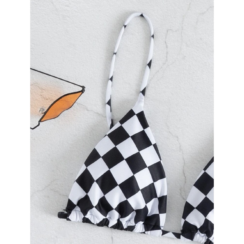Bộ Bikini 3 Mảnh Hở Lưng Họa Tiết Kẻ Ô Đơn Giản Cho Nữ F222
