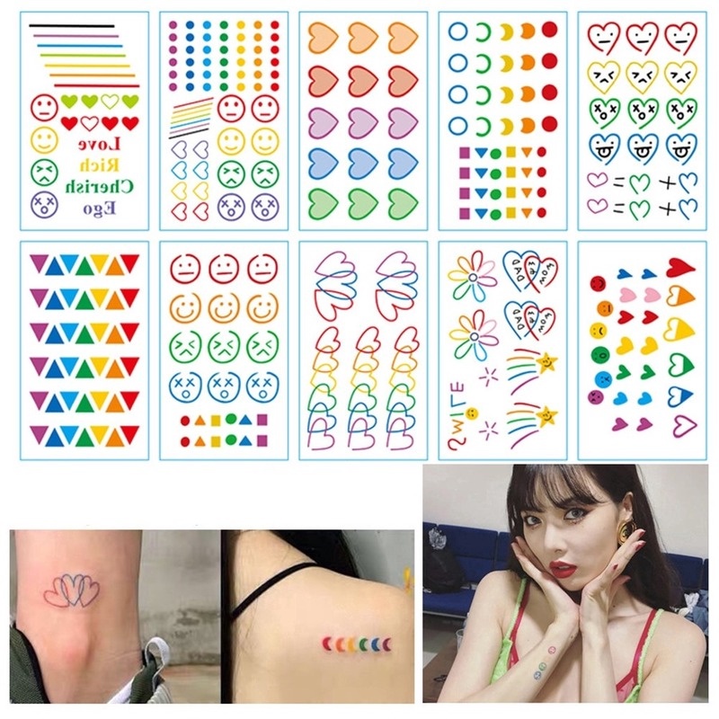 Set 30 Miếng Dán Xăm Họa Tiết Trái Tim/Hoa/Trái Tim Màu Sắc Cầu Vồng Phong Cách Hàn Quốc