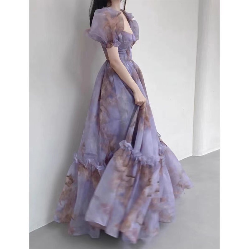 Đầm in hoa tím dài dáng ôm hở lưng thời trang hè thời trang retro Pháp cho nữ