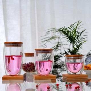 Ly thủy tinh 2 lớp 450ml chịu nhiệt có nắp gỗ - The Royal's