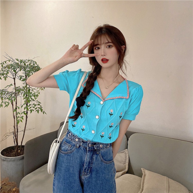 Áo thun polo ZHELIHANGFEI dệt kim tay ngắn thêu hoa phối ren dễ thương thời trang