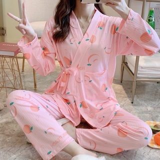 ◆Bộ Đồ Ngủ Tay Dài Vải Lụa Kiểu Kimono Nhật Bản Thời Trang Xuân Thu Cho Nữ