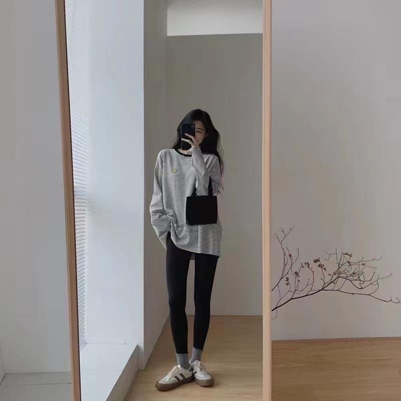 Áo Thun Dài Tay Dáng Rộng Cỡ Lớn Hoa Văn Kẻ Sọc Thời Trang Dành Cho Nữ