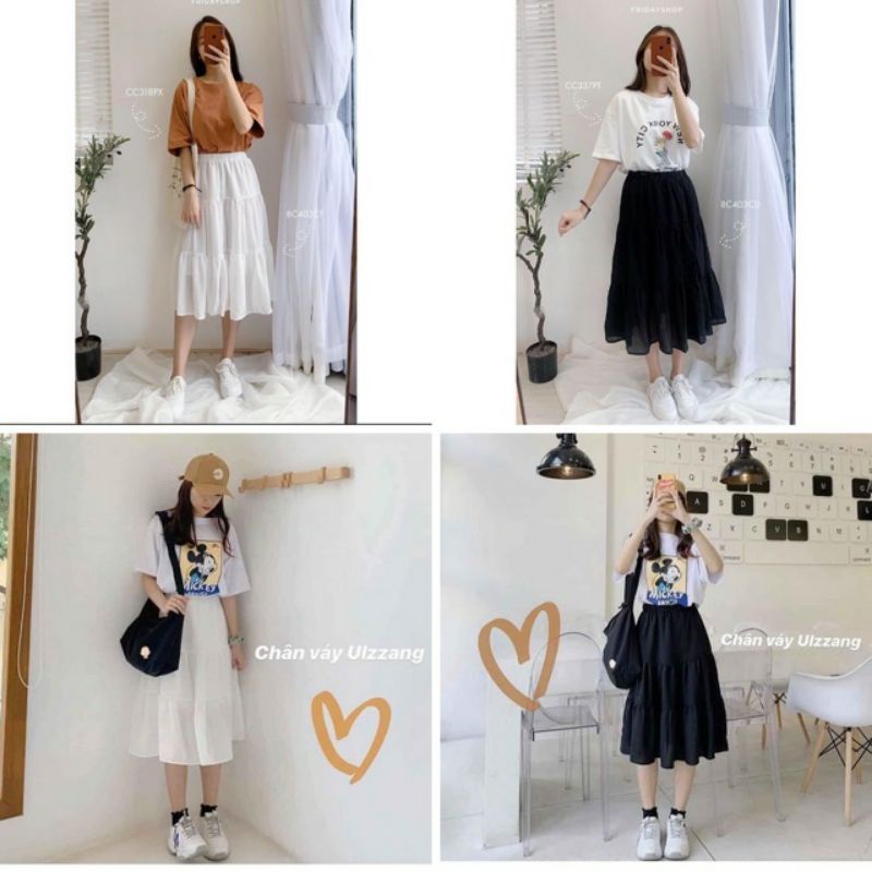 Chân váy voan nối tầng dáng dài.