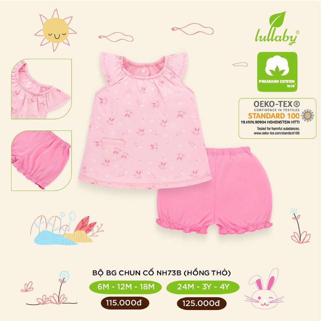 [CHÍNH HÃNG]Bộ cộc tay hến bé gái chất liệu cotton cao cấp Lullaby chính hãng