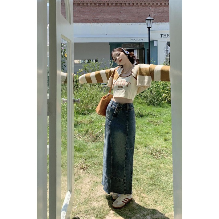 Áo Dệt Kim Ngắn Kẻ Sọc Màu Sắc Tương Phản Phong Cách Vintage Dành Cho Nữ