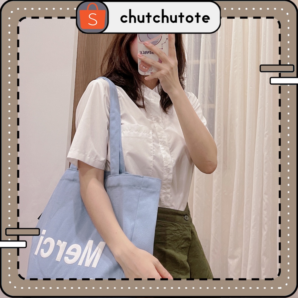 T260/[HÀNG MỚI VỀ] Túi Vải Tote Xanh Baby Blue Merci Đáng Yêu