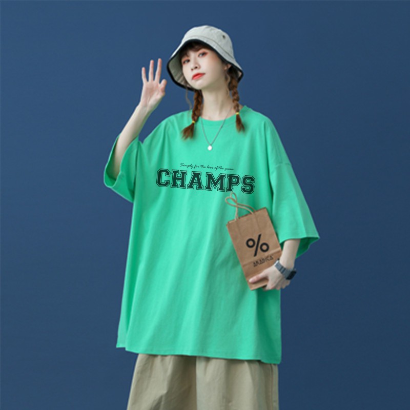 Áo thun nam nữ tay lỡ cổ tròn Champs vải Cotton co giãn, dày dặn, form rộng | BigBuy360 - bigbuy360.vn