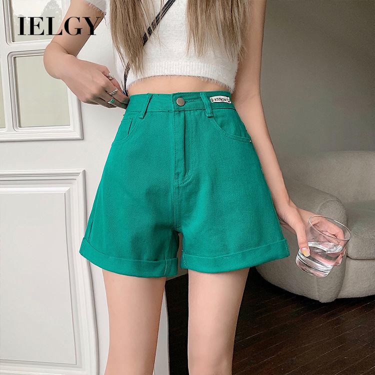 Quần short denim IELGY dáng chữ A ống rộng lưng cao nhiều màu thời trang cho nữ