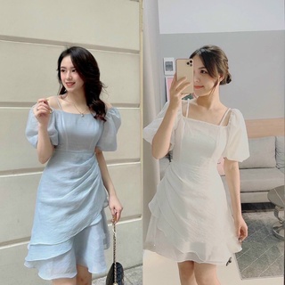 [Jamela] Đầm dự tiệc cổ vuông tay phồng tà xếp ly đính hạt thiết kế cao cấp
