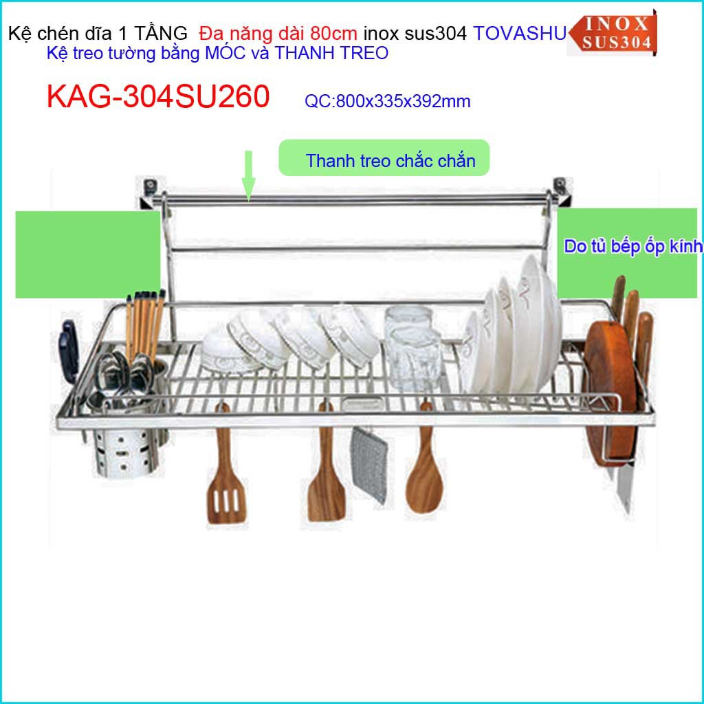 Kệ đựng chén bát Inox Tovashu, kệ chén dĩa inox 304 Nhật Bản 80cm, kệ chén dĩa  có móc treo KAG-304SU260