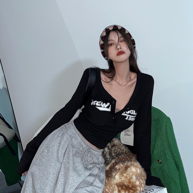 Áo Thun Tay Dài Dáng Ôm In Chữ Thời Trang Thu Đông