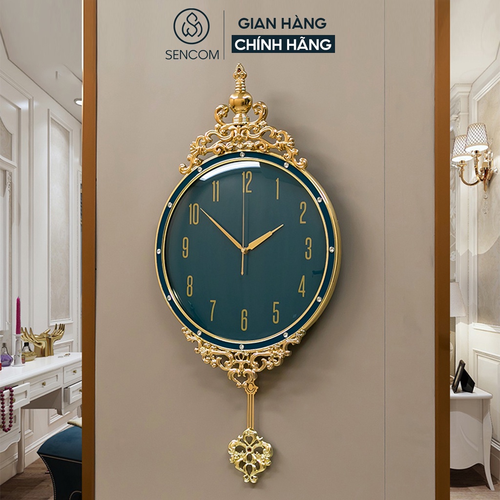 Đồng hồ treo tường nghệ thuật SENCOM vương miện xanh phong cách Bắc Âu decor trang trí nhà cửa