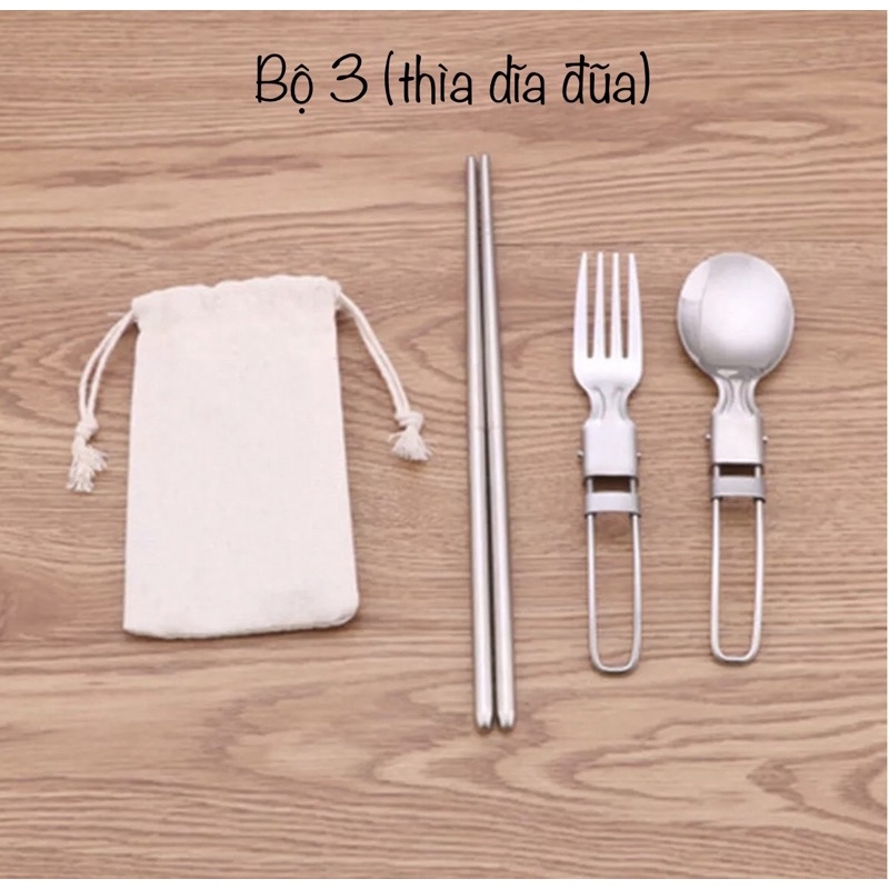 Bộ dao thìa dĩa đũa kèm túi vải dây rút cho du lịch dã ngoại