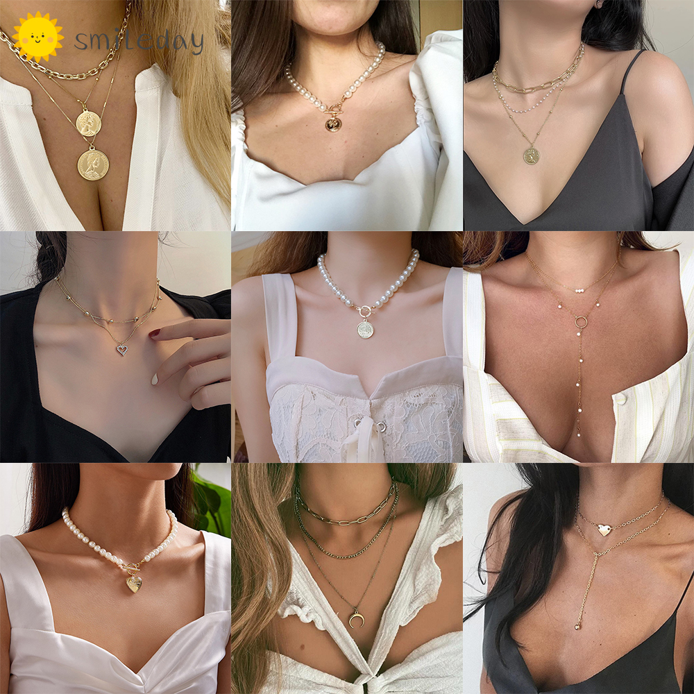 Dây chuyền mạ vàng thiết kế nhiều lớp đính hạt ngọc trai nhân tạo thời trang thanh lịch