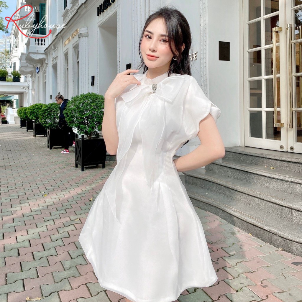 Váy Nữ Tơ Dáng Xòe Xinh Xắn RUBY HOUSE - Váy Chất Organza Cổ Nơ Trắng Đính Cườm, Tay Chờm Che Bắp Tay 2968-1