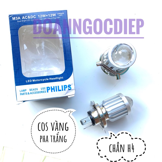 Đèn bi cầu led H4 Philips cos vàng pha trắng. sáng mạnh. giá 1 bóng