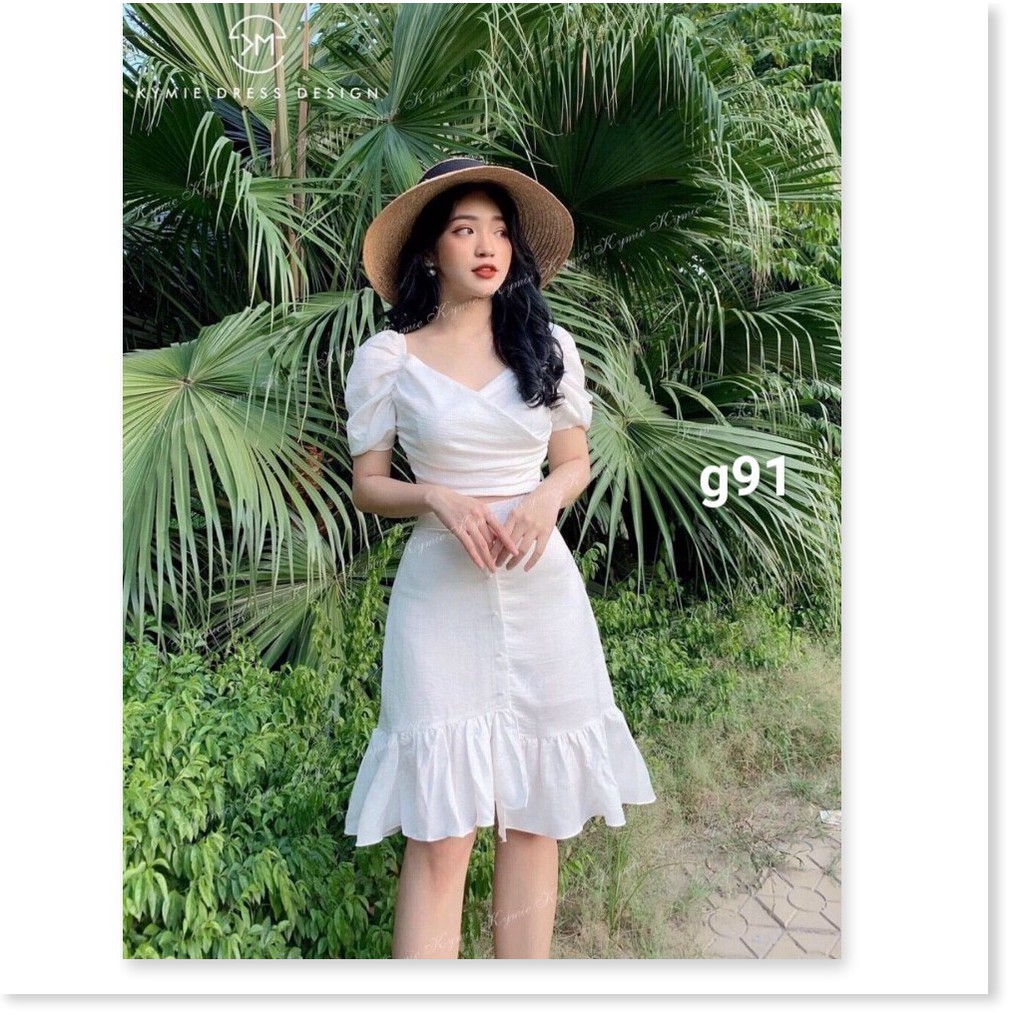 set áo cổ v tay ngắn phồng chân váy xòe đuôi cá