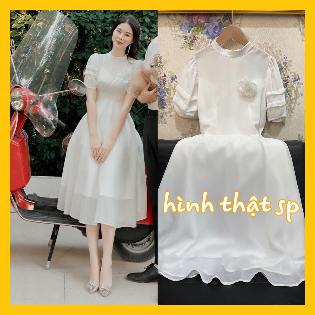 Đầm tiểu thư công chúa màu trắng phối nơ tay xếp bo mặc đi dự tiệc, đi chơi dễ thương duyên dáng VADA.vn – (Đ143) | BigBuy360 - bigbuy360.vn