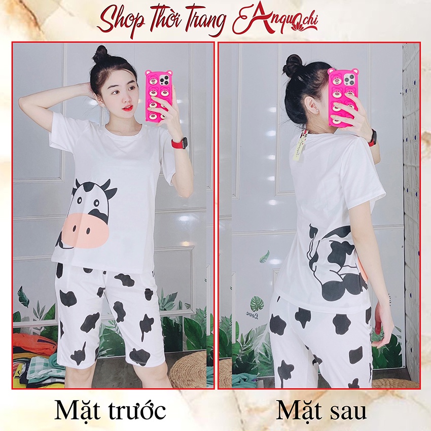 Đồ Bộ Nữ Mặc Nhà Anquachi Bò Sữa Đẹp Thun Cotton Nữ Mặc Ngủ Ở Nhà Dễ Thương Quần Lửng Cute A059