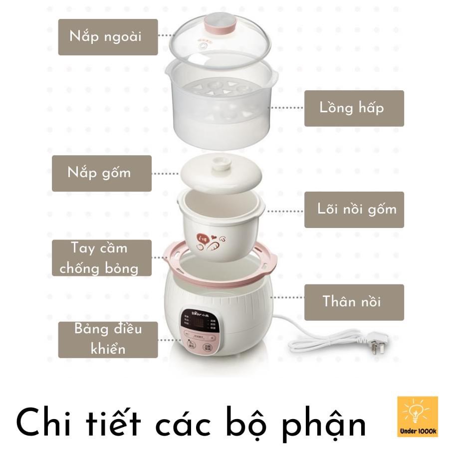 Nồi nấu cháo chậm BEAR, nồi nấu hầm cách thủy đa nămg Bear 0.8 lít - Hàng chính hãng BH 12 tháng