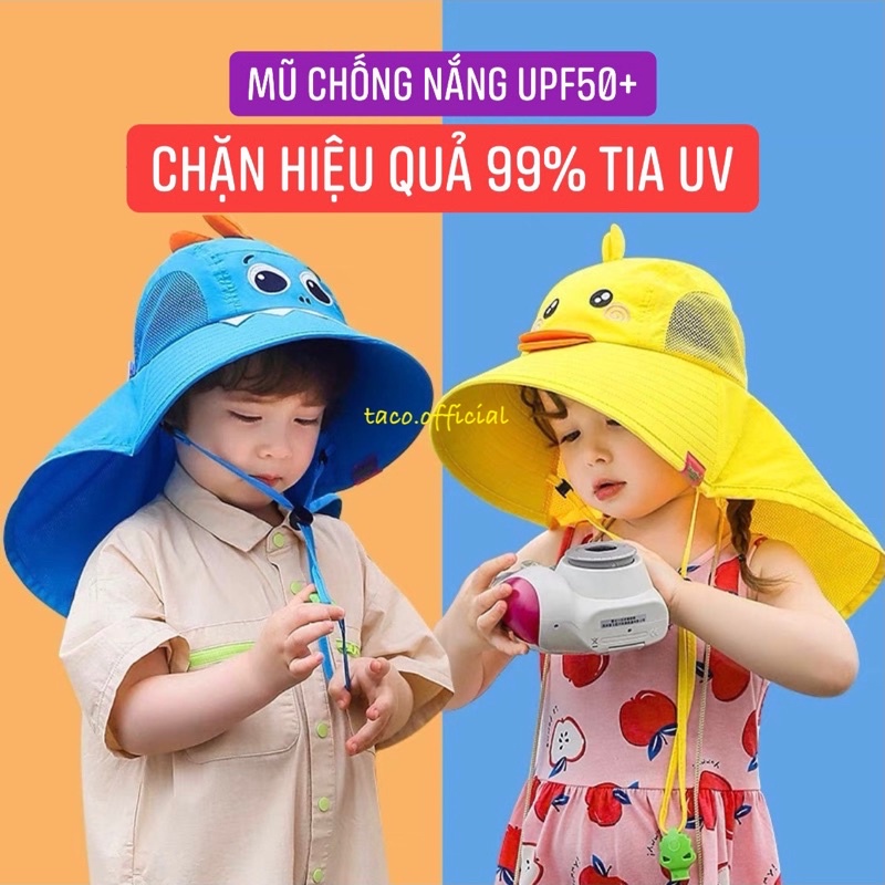 Mũ chống nắng vành rộng che gáy chống tia cực tím cho bé_ chất liệu vải thô lưới hai bên thoáng khí có dây đeo