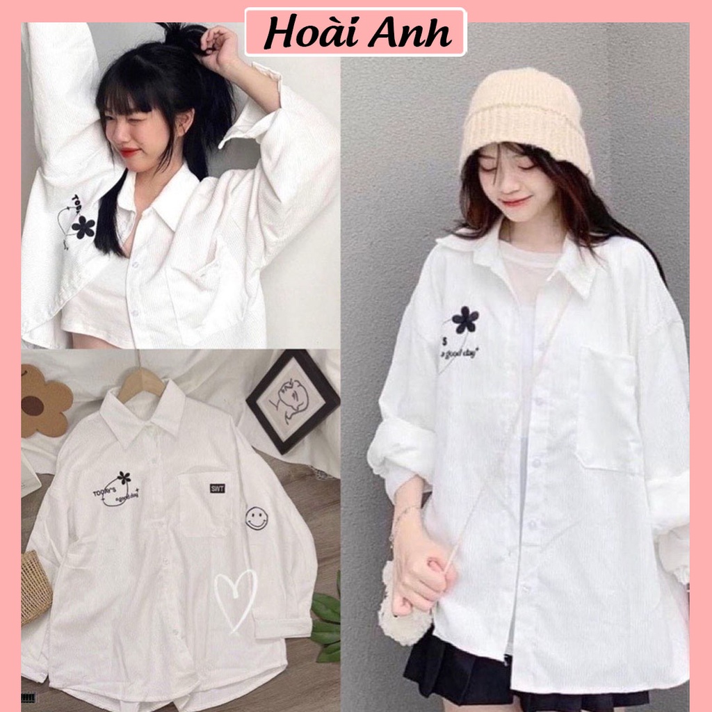 Áo Sơ Mi Nữ Áo Sơ Mi Nhung Trắng Thêu Hoa Và Mặt Cười Dài Tay Có Túi Ngực Freesize Form Rộng