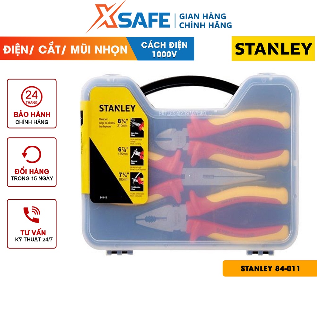 Bộ 3 kìm VDE STANLEY 84-011 gồm 3 kềm răng, mỏ nhọn, cắt, hợp kim thép cao cấp, bọc lớp cách điện 1000V