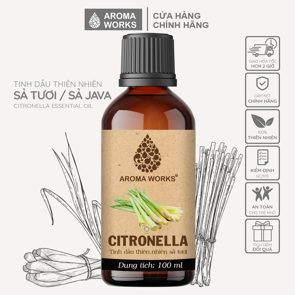 Tinh dầu Sả tươi / Sả Java Aroma Works xông phòng, dễ ngủ, khử mùi, thanh lọc không khí - Citronella