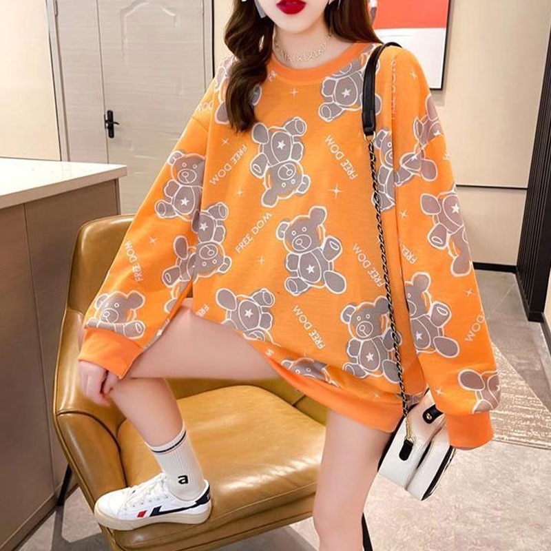 Du YAN Áo Sweater Mỏng Dáng Rộng Dài Qua Gối Tay In Họa Tiết Hoa Và Gấu Nhỏ Mới Cho Nữ