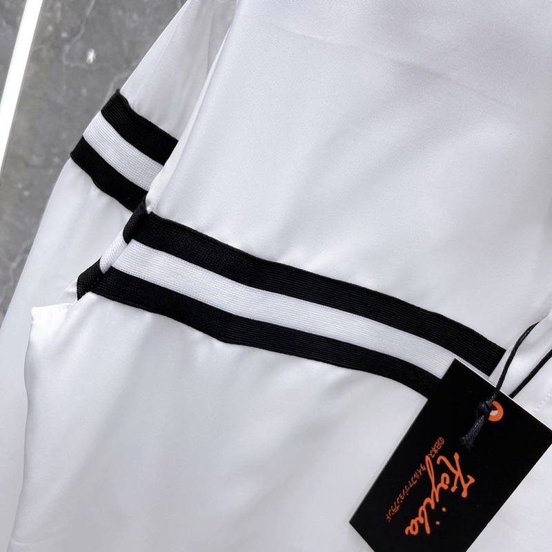 Áo sơ mi trắng nam dài tay Thome thêu sọc kẻ đen trắng ngang ngực vải lụa mềm mịn cao cấp