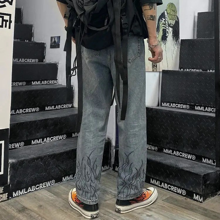 Quần jean ống rộng unisex họa tiết xích và lửa | BigBuy360 - bigbuy360.vn