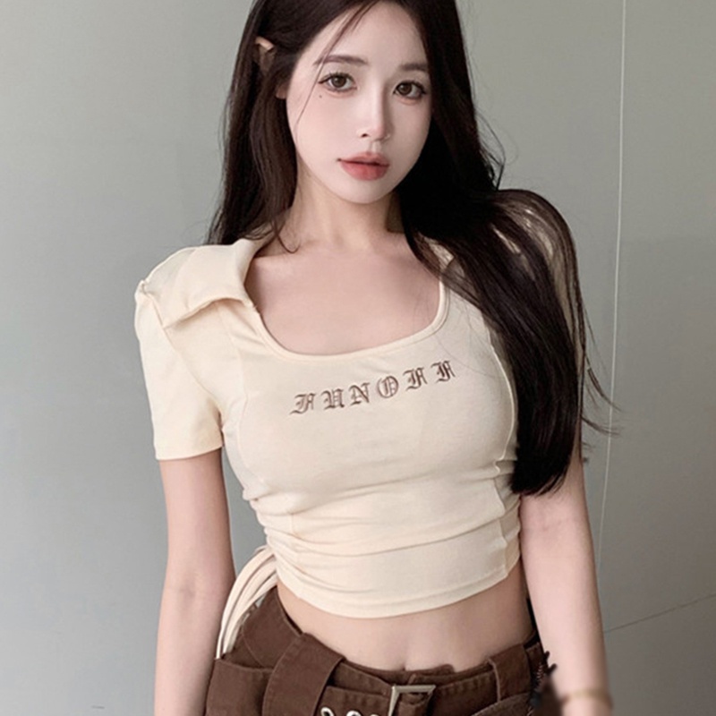 Áo Thun Crop Top Tay Ngắn Dáng Ôm Thêu Chữ Phối Dây Rút Thời Trang Mùa Hè Cho Nữ