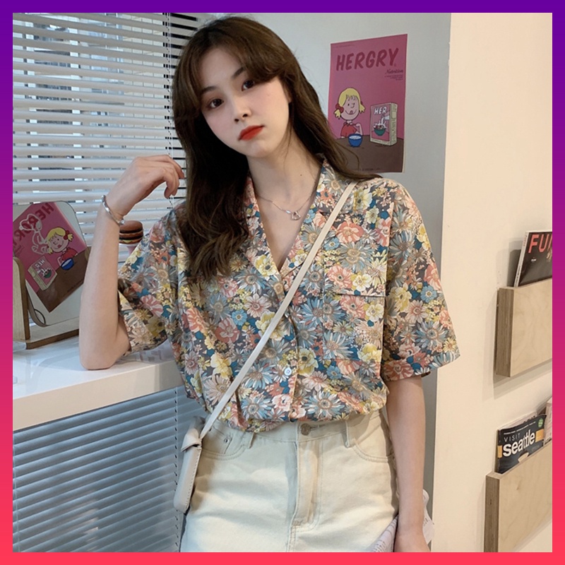 Áo Sơ Mi Chiffon Tay Ngắn Cổ Vest In Hoa Thời Trang Mùa Hè Cho Nữ