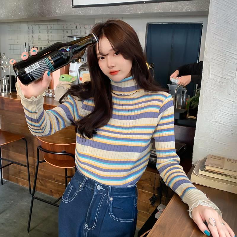 Áo len ZHELIHANGFEI tay dài cổ lọ họa tiết sọc theo phong cách phương Tây dễ phối đồ
