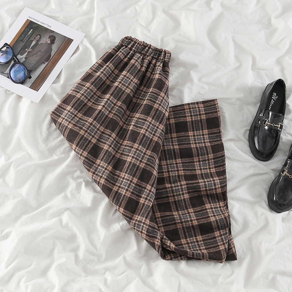 NUZIRO  Chân váy chữ A lưng cao dài đến bắp chân chất liệu len họa tiết sọc caro phong cách retro Hàn Quốc