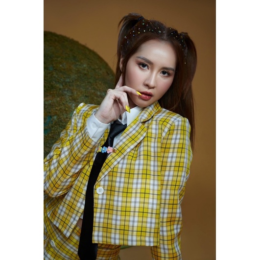 DALLA Set áo vest blazer nữ croptop tay dài sọc CARO VÀNG